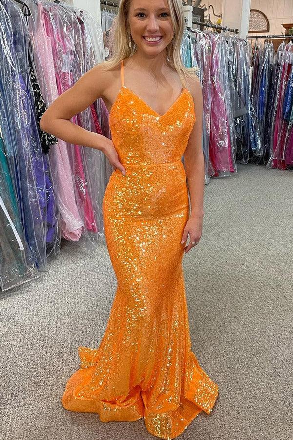 Sparkle Orange Sequin Mermaid Long Prom ...